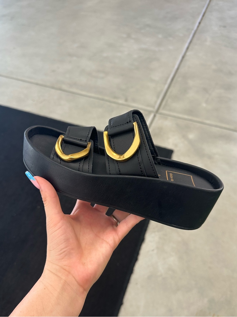 Dolce Vita Black Platform Slide Sandals with Gold Buckles